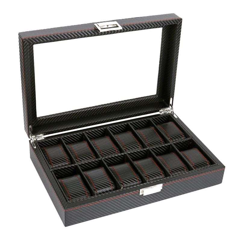 Jack brown Carbon Fiber PU Leather Watch Display Box - 12 Slot