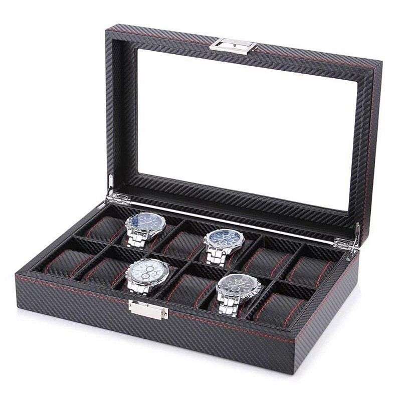 Jack brown Carbon Fiber PU Leather Watch Display Box - 12 Slot