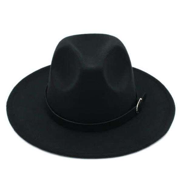 Wide Brim Panama Fedora Hat With Belt Buckle-Black