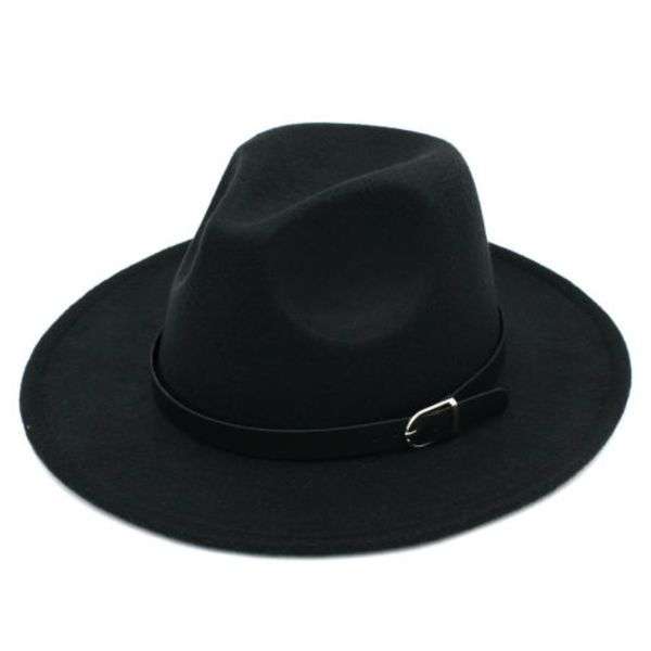 Wide Brim Panama Fedora Hat With Belt Buckle-Black
