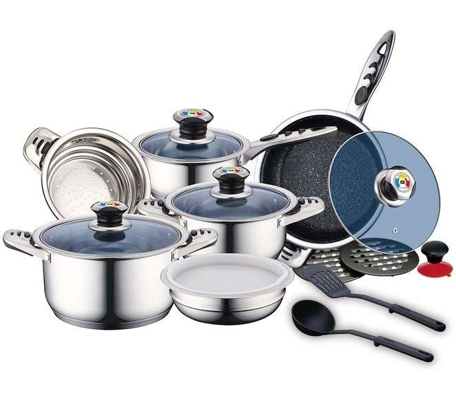 Royalty Line - 16 Pieces Stainless Steel Cookware Set with Glass Lids (CONTENTS HAVE SCRATCHES)