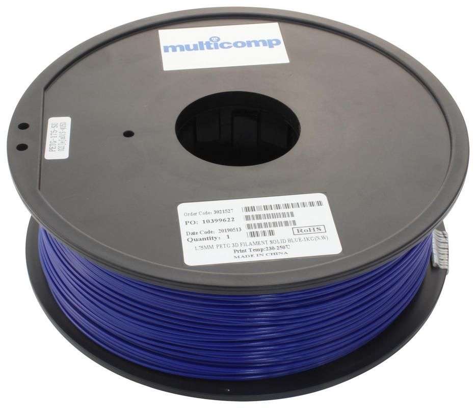 3D Printer Filament, PETG, 1.75 mm, Solid Blue, 250 °C Melting Temp