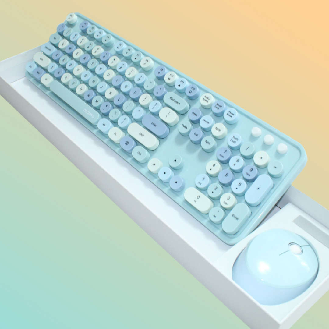 MOFII Wireless Keyboard and Mouse Combo with Colorful Retro Style Typewriter Keyboard Round Keys ...