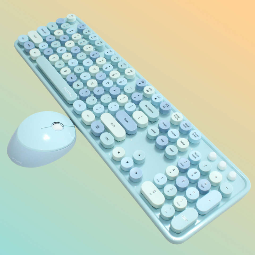 MOFII Wireless Keyboard and Mouse Combo with Colorful Retro Style Typewriter Keyboard Round Keys ...