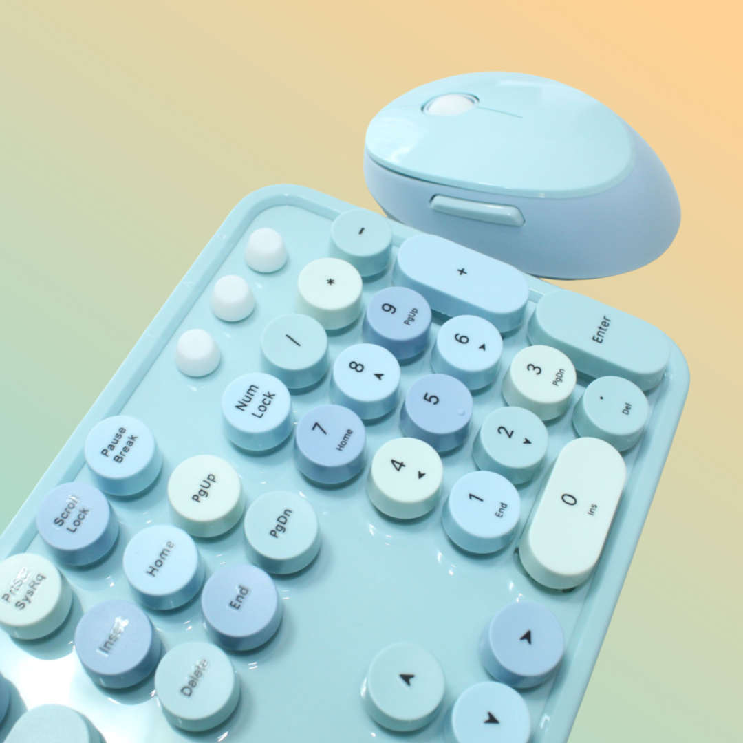 MOFII Wireless Keyboard and Mouse Combo with Colorful Retro Style Typewriter Keyboard Round Keys ...