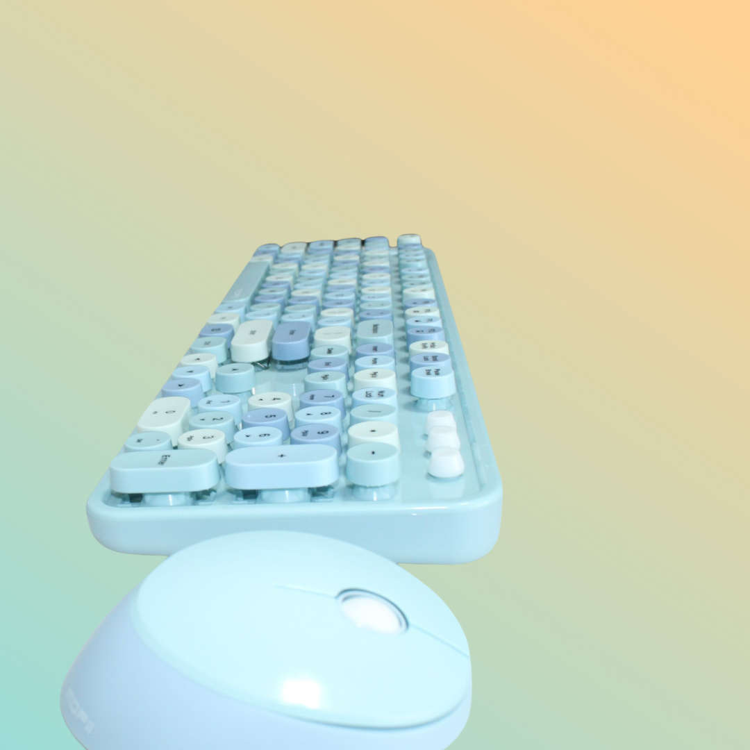 MOFII Wireless Keyboard and Mouse Combo with Colorful Retro Style Typewriter Keyboard Round Keys ...