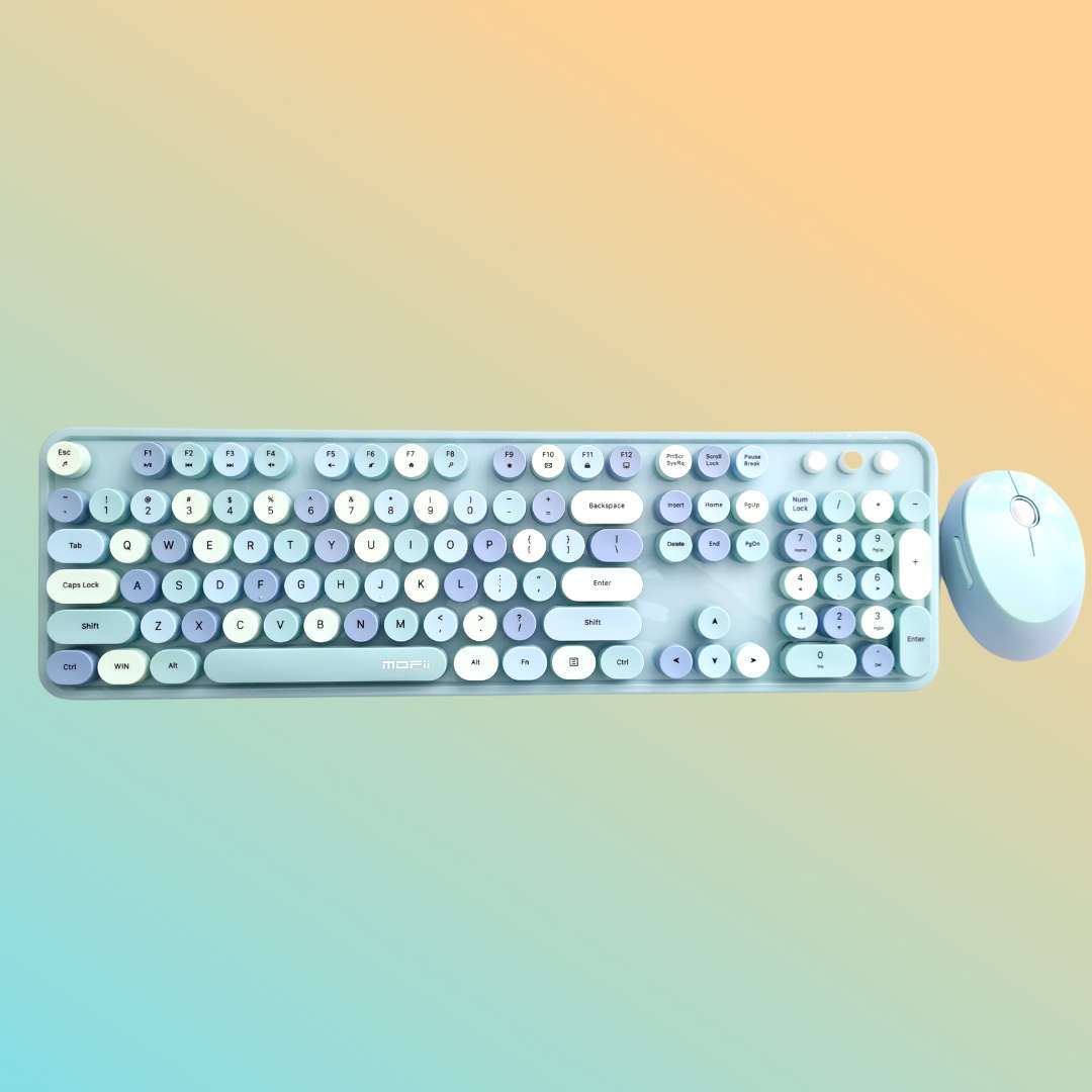 MOFII Wireless Keyboard and Mouse Combo with Colorful Retro Style Typewriter Keyboard Round Keys ...