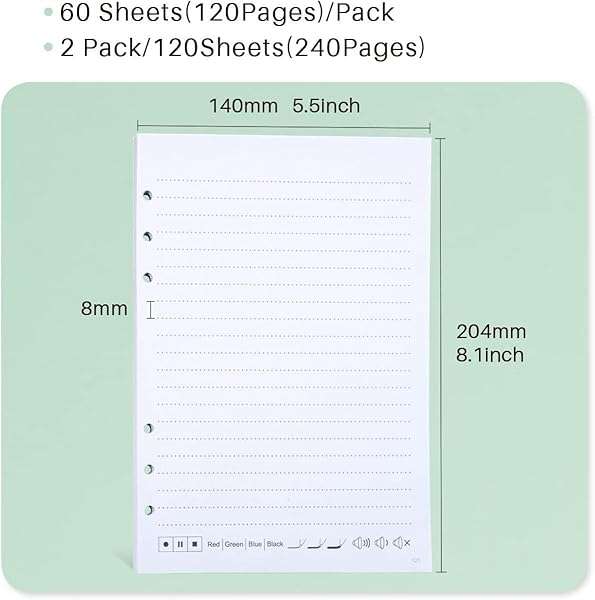 OPHAYA A5 dot Refill Paper Compatible Smart Pen, total 120Sheets/240Pages, 6-Hole Punched, 100gsm...