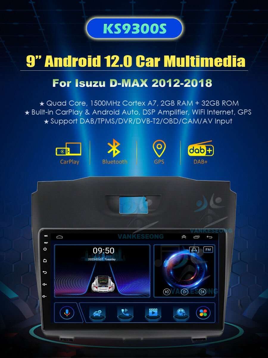 9" CarPlay For Isuzu D-MAX 2012-2018 Android12 Autoradio GPS Navigation DAB+ DSP