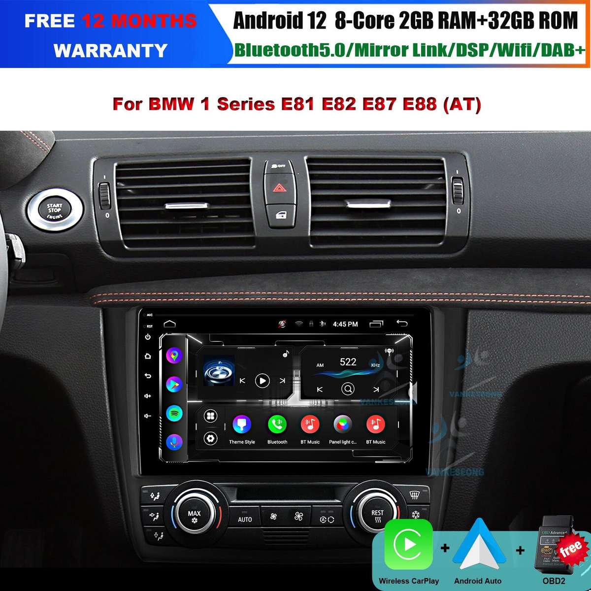 Android Auto Stereo for BMW 1 Ser E81 E82 E87 E88 Car Radio Head Unit GPS SatNav