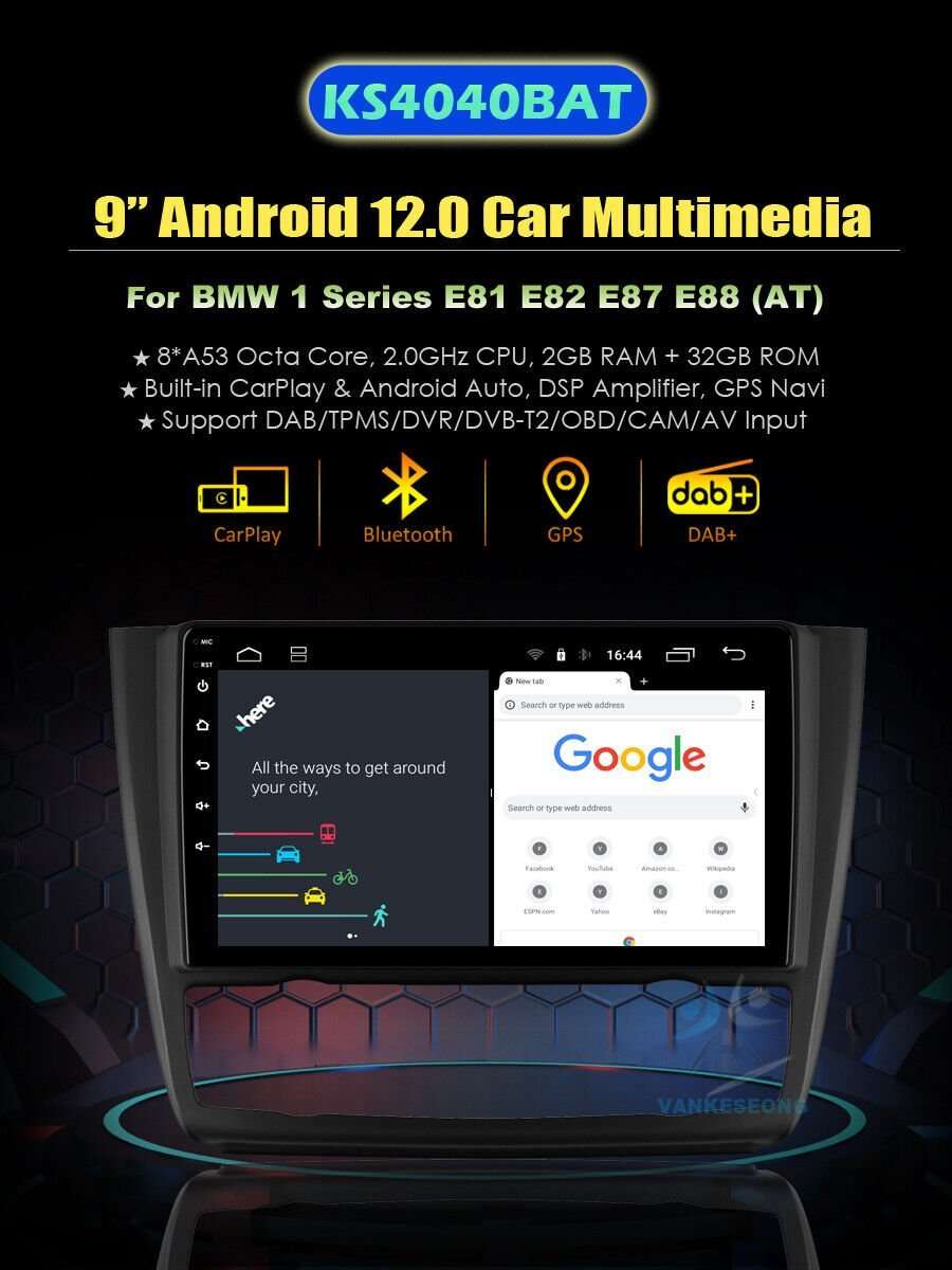 Android Auto Stereo for BMW 1 Ser E81 E82 E87 E88 Car Radio Head Unit GPS SatNav