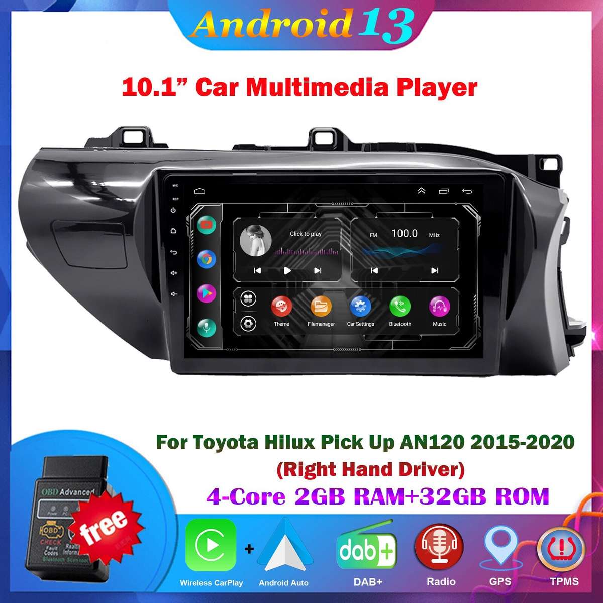 10" Android13 CarPlay Car Stereo Radio For Toyota Hilux 2015-22020 Head Unit GPS