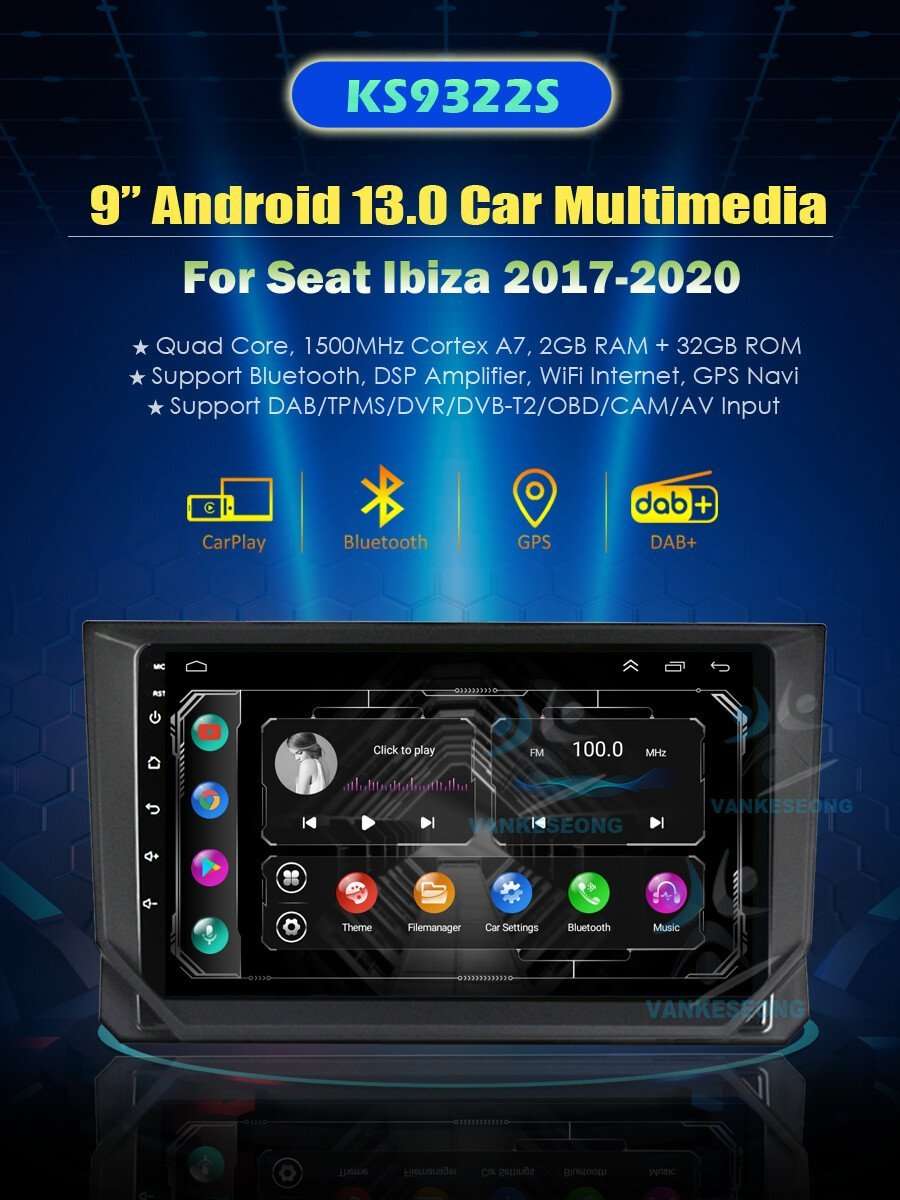 9" Android 13 Autoradio GPS Navigation DAB Android Auto For Seat Ibiza 2017-2020