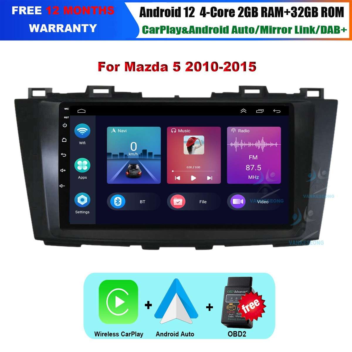 9" Android 12 BT CarPlay Autoradio Bluetooth Navigation GPS For Mazda5 2010-2015