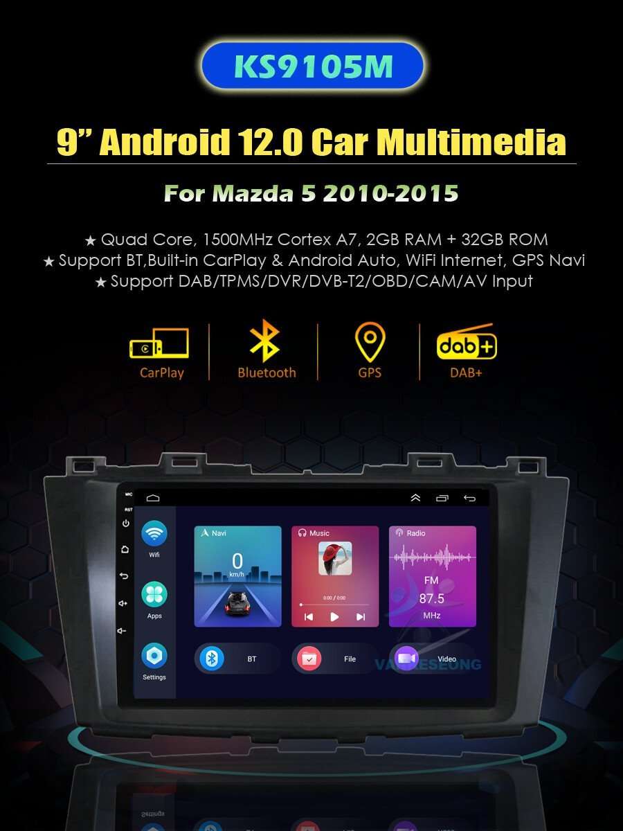 9" Android 12 BT CarPlay Autoradio Bluetooth Navigation GPS For Mazda5 2010-2015