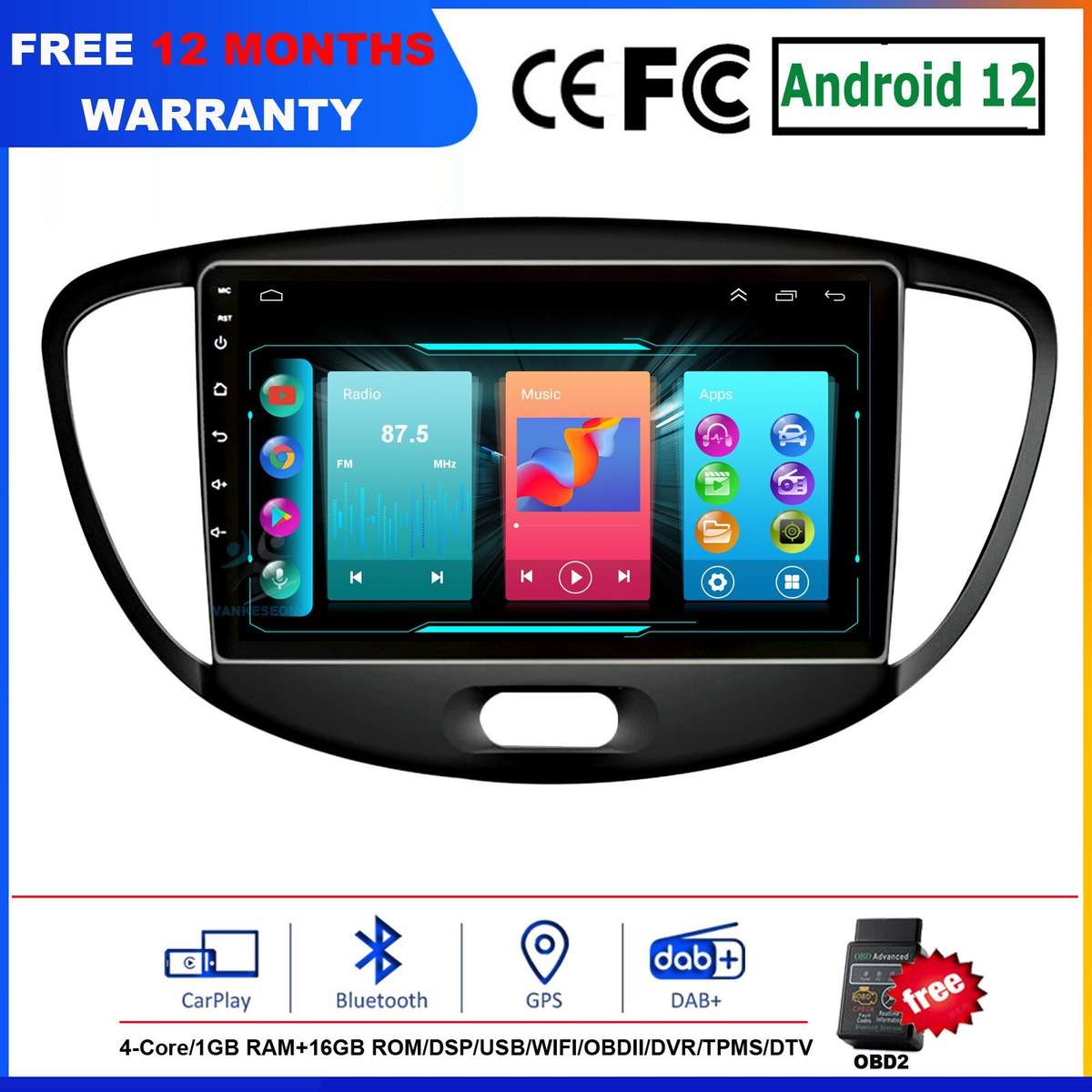 9" Touch Screen Autoradio For Hyundai i10 2007-2013 DAB Android12 GPS Navigation