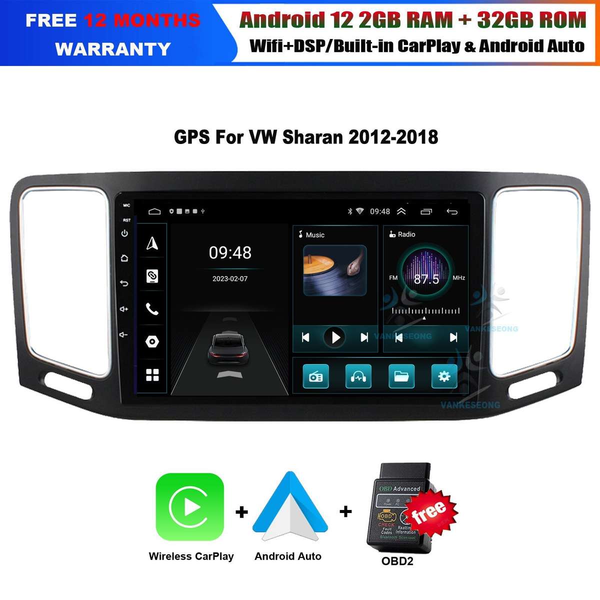 9" Android 12 32GB BT CarPlay Android Head Unit GPS Navi For VW Sharan 2012-2018