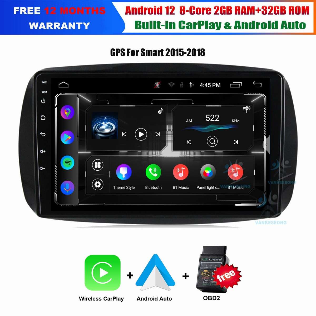 9"Android 12 GPS Sat Nav CarPlay DAB+Head Unit For Mercedes Smart Forfour Fortwo