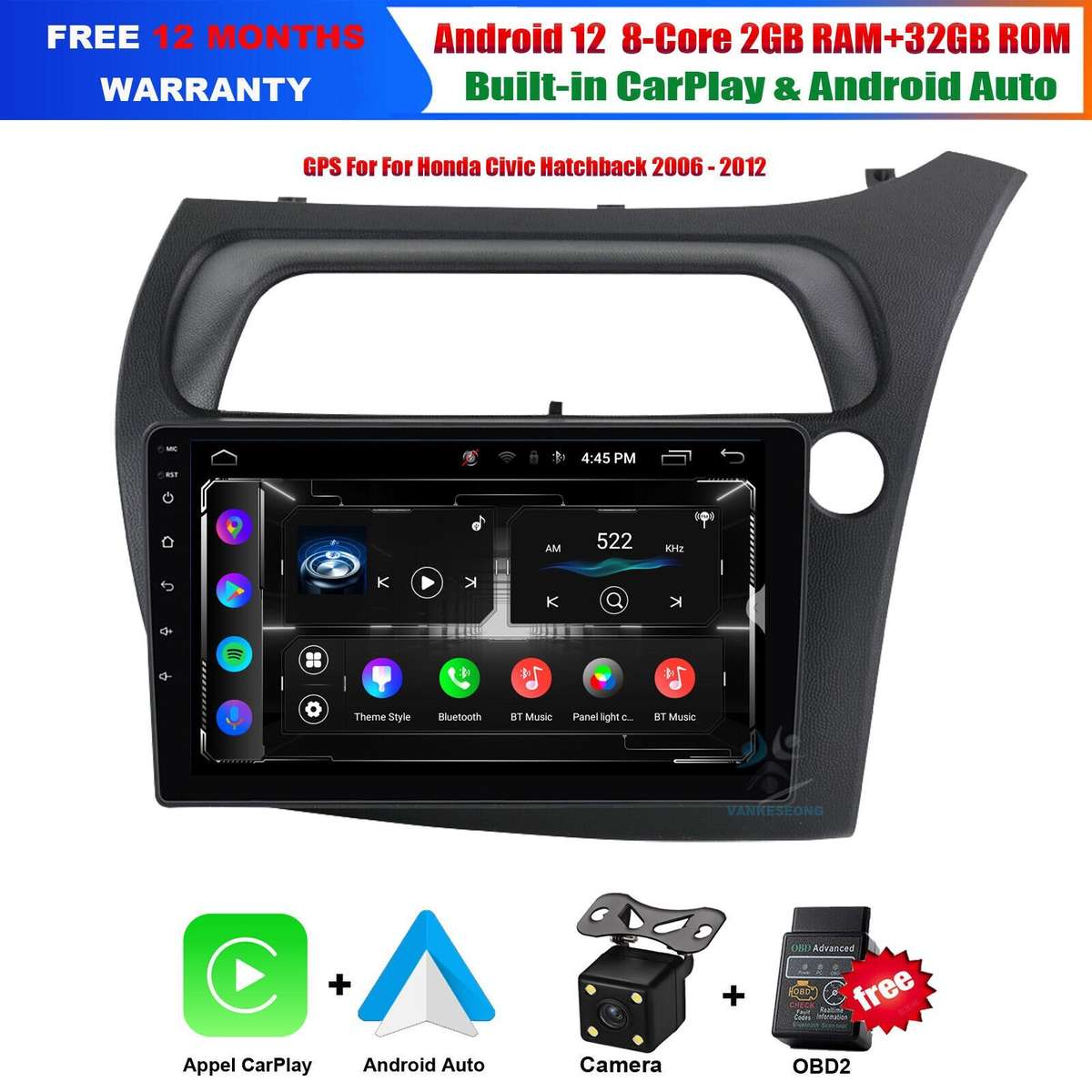 Android Auto CarPlay For Honda Civic Hatchback 2006-2012 DAB Radio Head Unit GPS