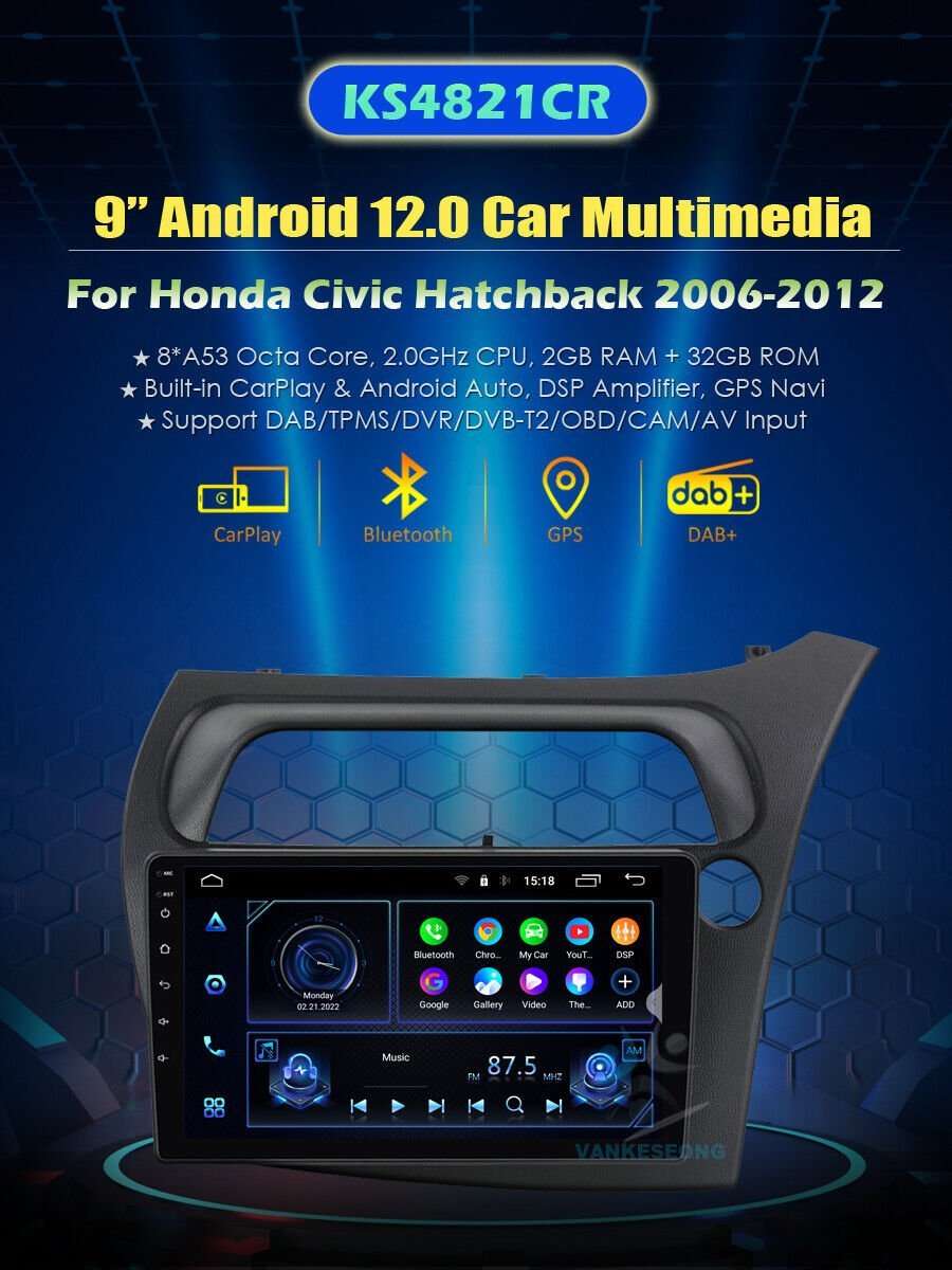 Android Auto CarPlay For Honda Civic Hatchback 2006-2012 DAB Radio Head Unit GPS