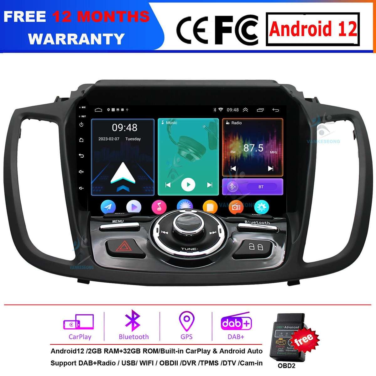 For Ford Escape Kuga 2013-2019 Android12 Car Stereo BT DAB+ Radio Head Unit GPS