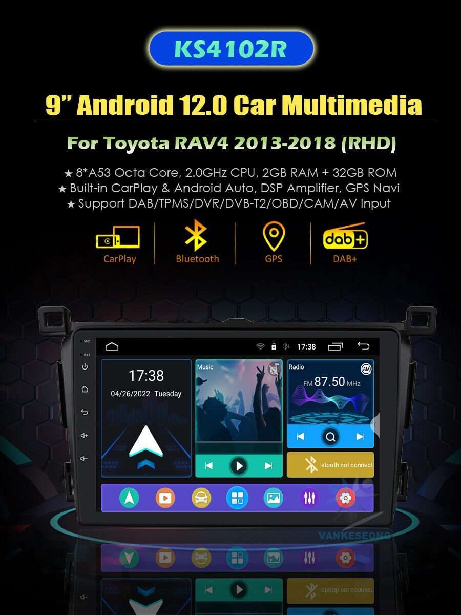 for Toyota RAV4 2013-2018 Touch Screen Car Multimedia Radio GPS Android12 Stereo