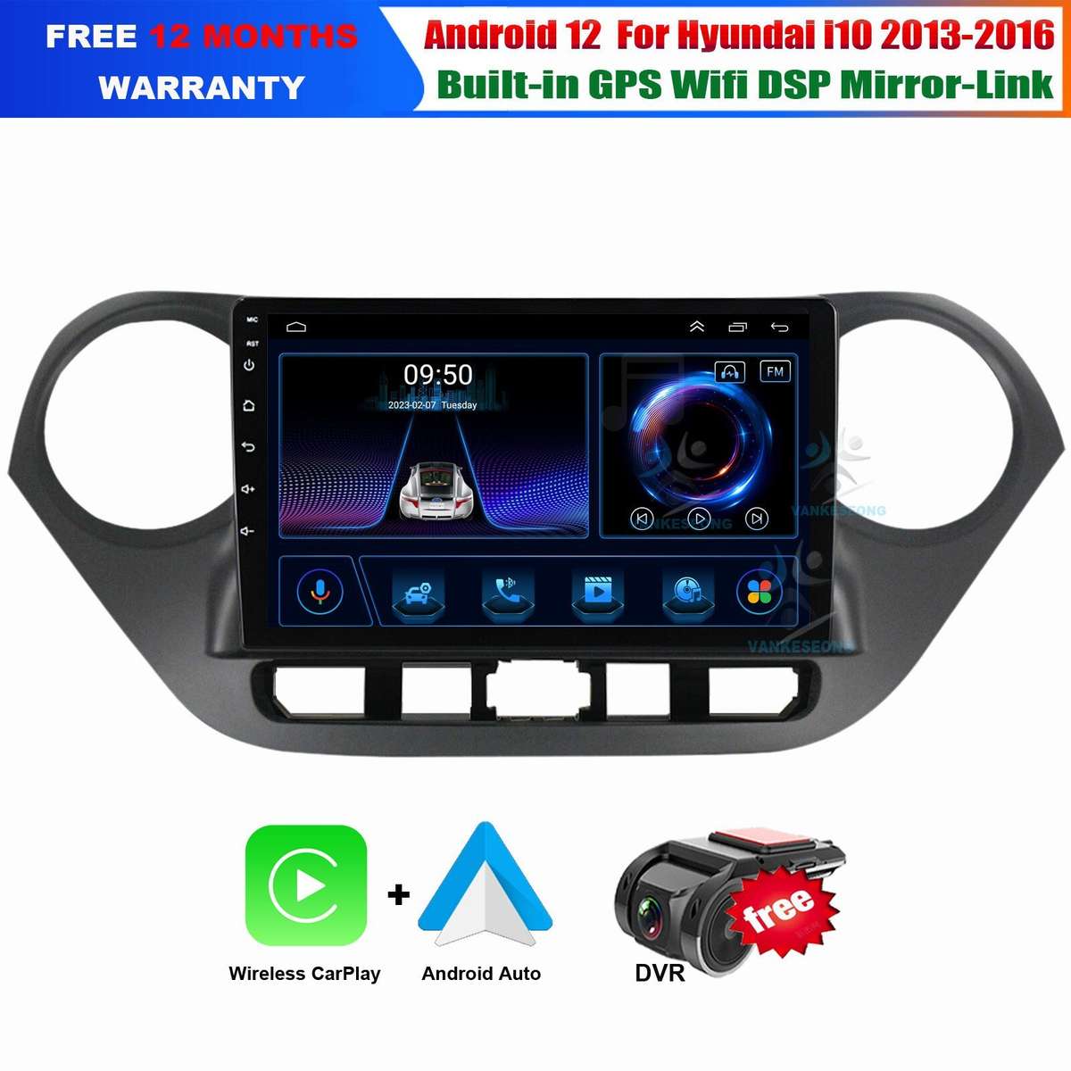 9" Android 12 Car Stereo For Hyundai i10 2013-2016 DAB+Radio GPS SatNav CarPlay