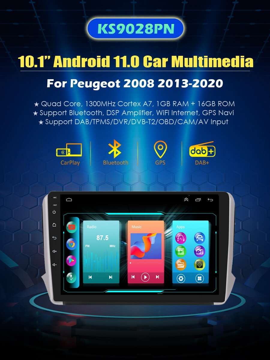 OBD+Android 12 Car Stereo DAB+ Sat Nav GPS Multimedia For Peugeot 2008 2013-2020