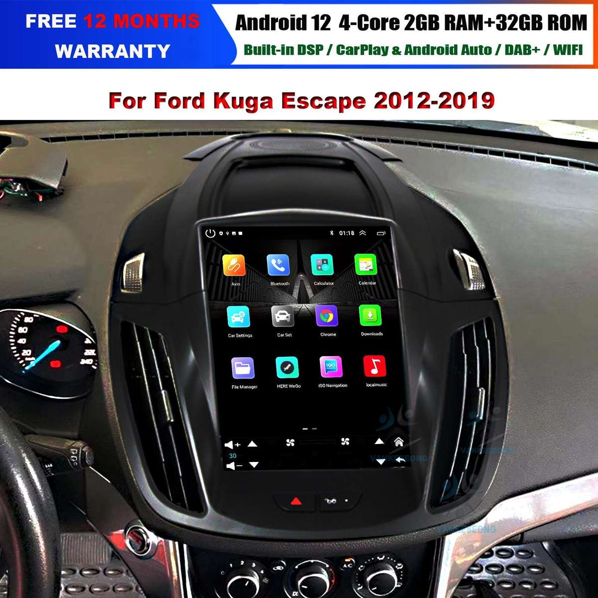 9.7" Android 12 CarPlay Autoradio DAB+GPS Sat Nav For Ford Kuga Escape 2012-2019