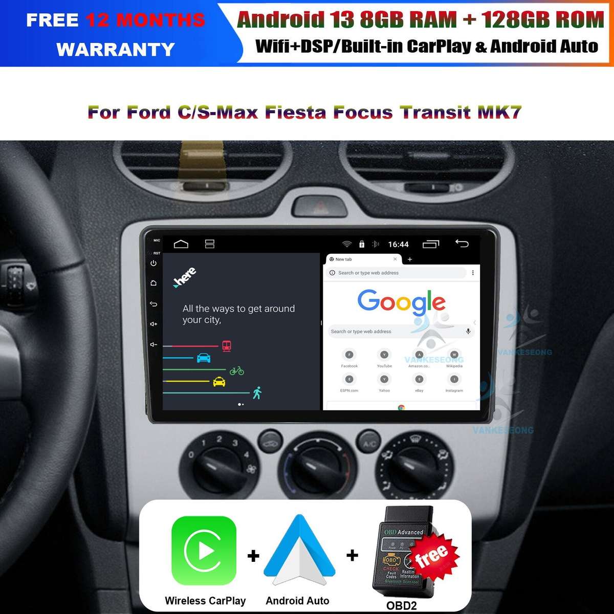 DAB+ Android Auto Radio For Ford Transit Mk7 Wireless CarPlay GPS Stereo Sat Nav