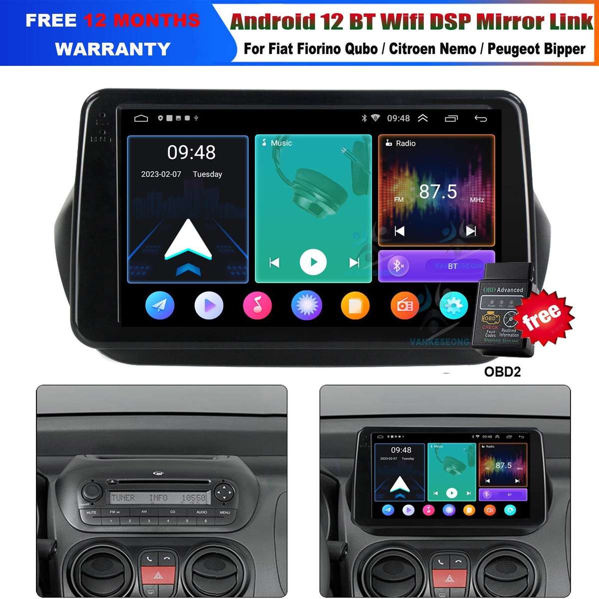 9" 1DIN Car Radio Head Unit DAB Wifi Android 12 GPS For Peugeot Bipper 2008-2017