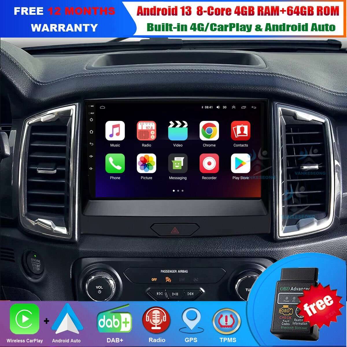 For Ford Ranger DAB+ USB BT Car Radio Wireless CarPlay Android Auto Navigation