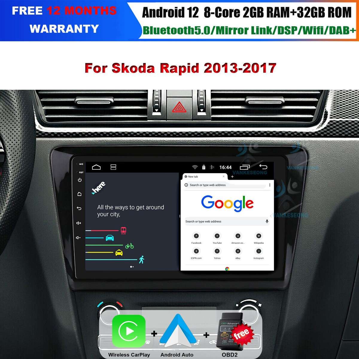 Android Auto Radio CarPlay for Skoda Rapid 2013-2017 BT Stereo Head Unit GPS DAB