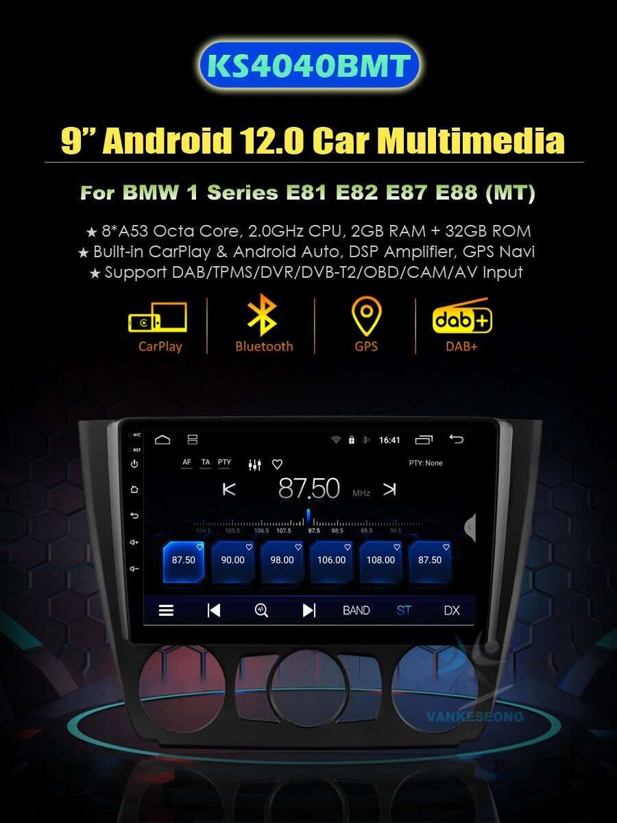 9" Car Radio for BMW E81 E82 E87 E88 Android12 Head Unit Wifi Stereo GPS BT DAB+