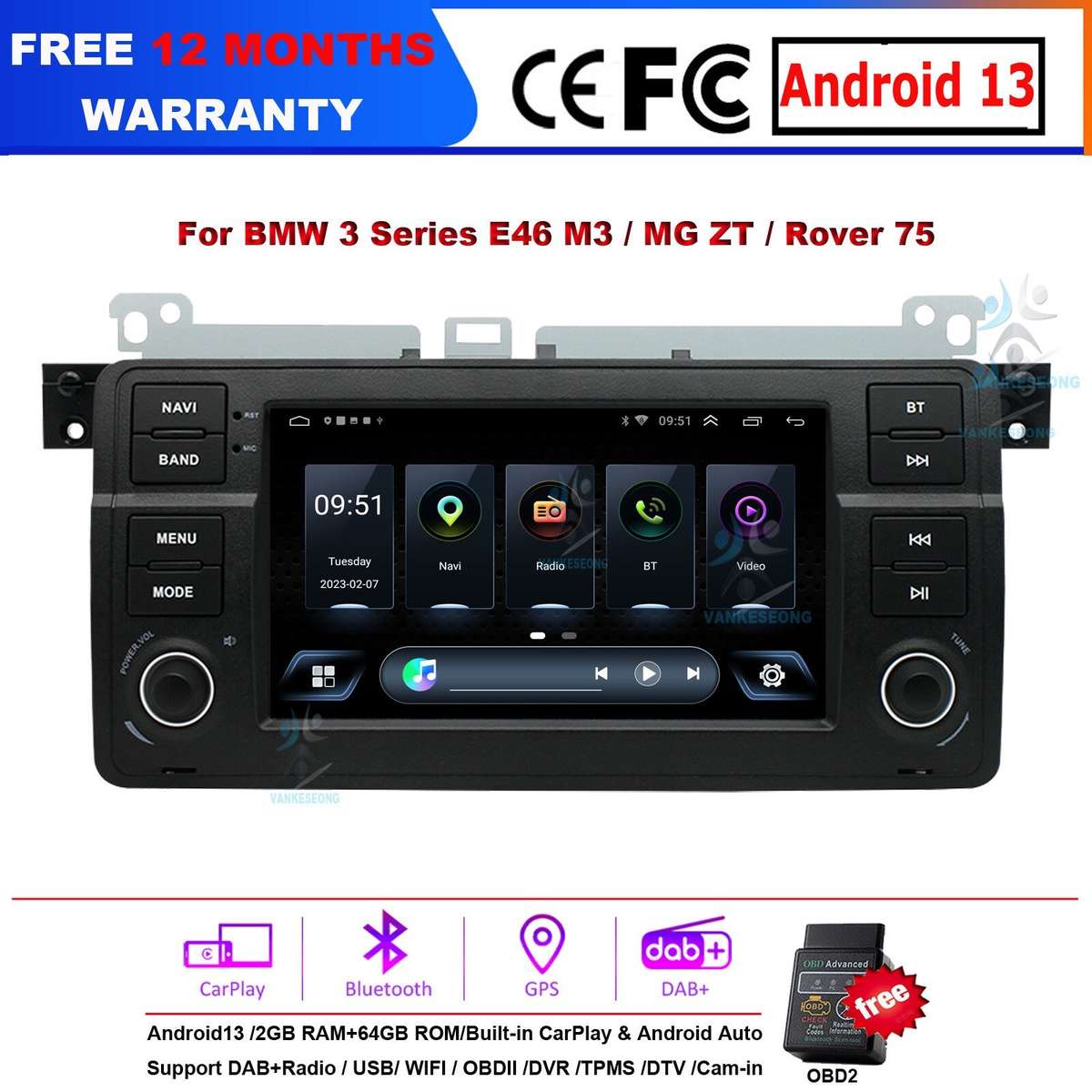7" For BMW 3er M3 E46 CarPlay TouchScreen Android13 GPS Car Radio WIFI Head Unit