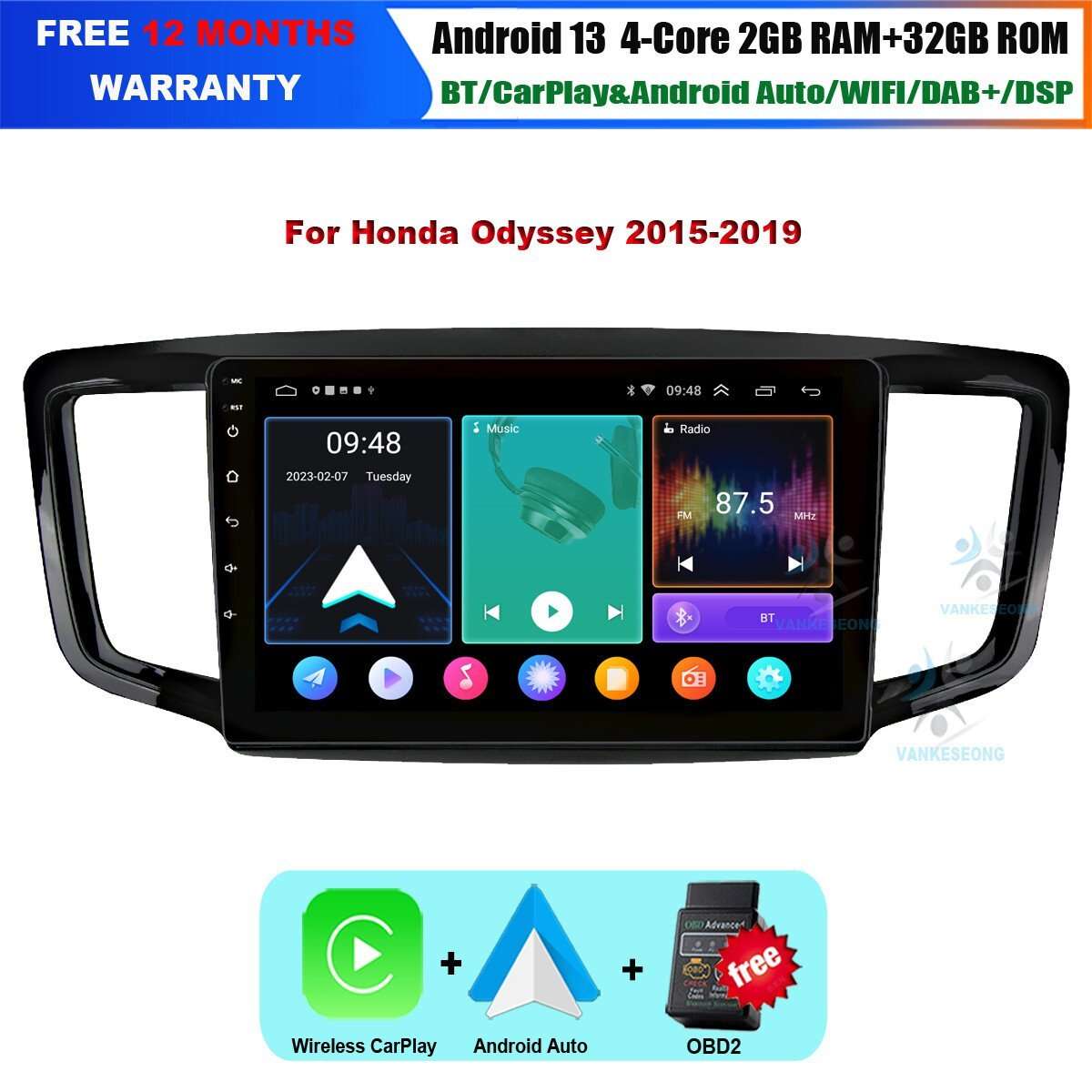 9" Android 13 Head Unit GPS Radio Car Multimedia DAB For Honda Odyssey 2015-2020