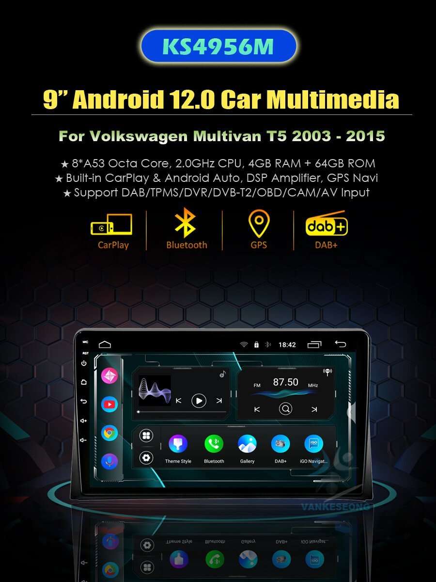 9" 4+64GB Android 12 DAB Autoradio For VW Multivan T5 2003-2015 BT GPS Video+OBD