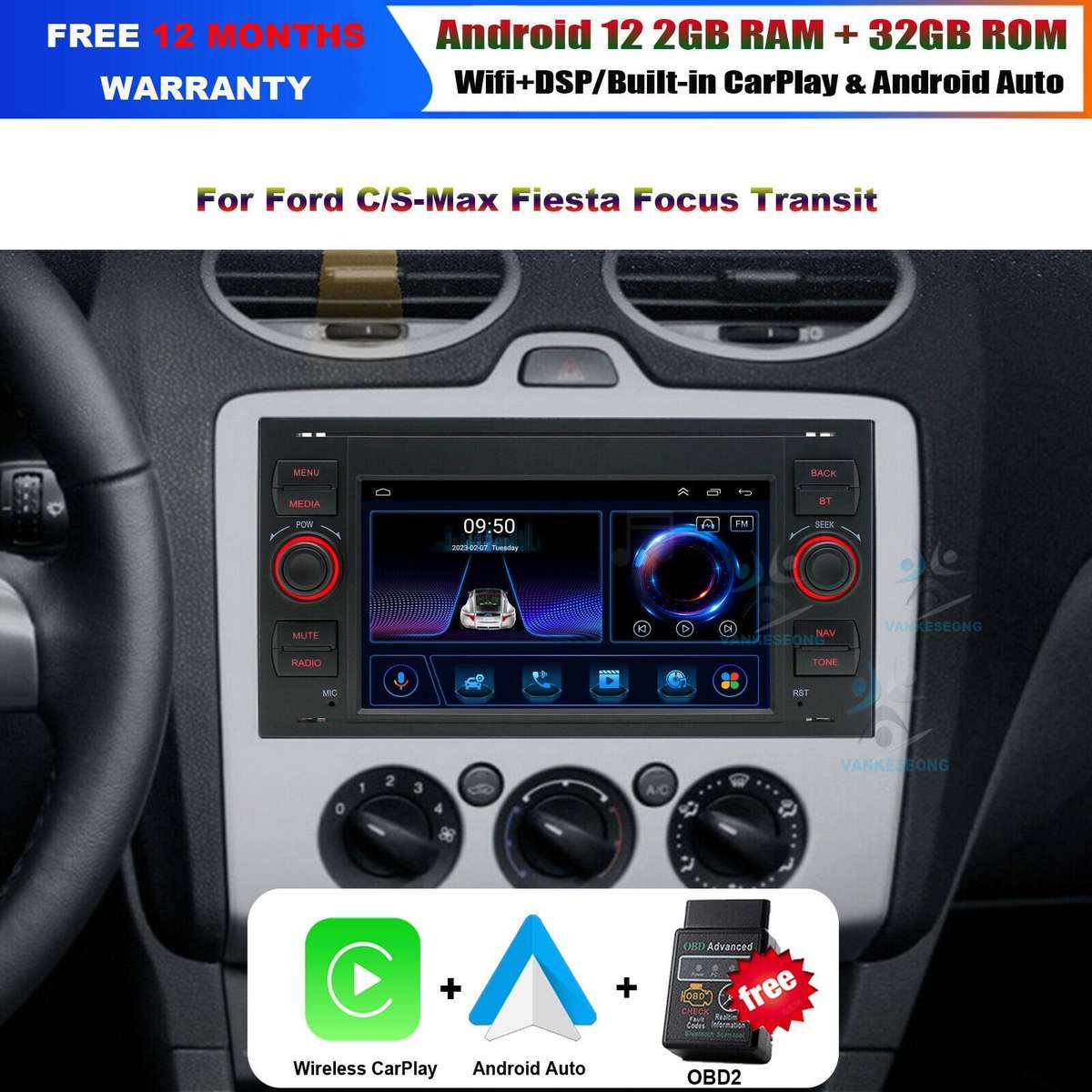 CarPlay For Ford Kuga Galaxy Focus II Android12 Autoradio GPS Navigation DAB+DSP