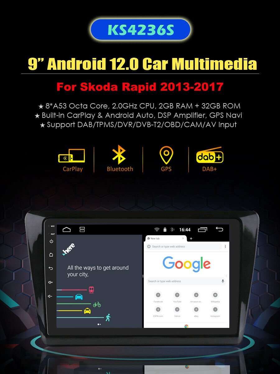 9" Android Autoradio CarPlay GPS Navigation DAB+DSP BT For Skoda Rapid 2013-2017