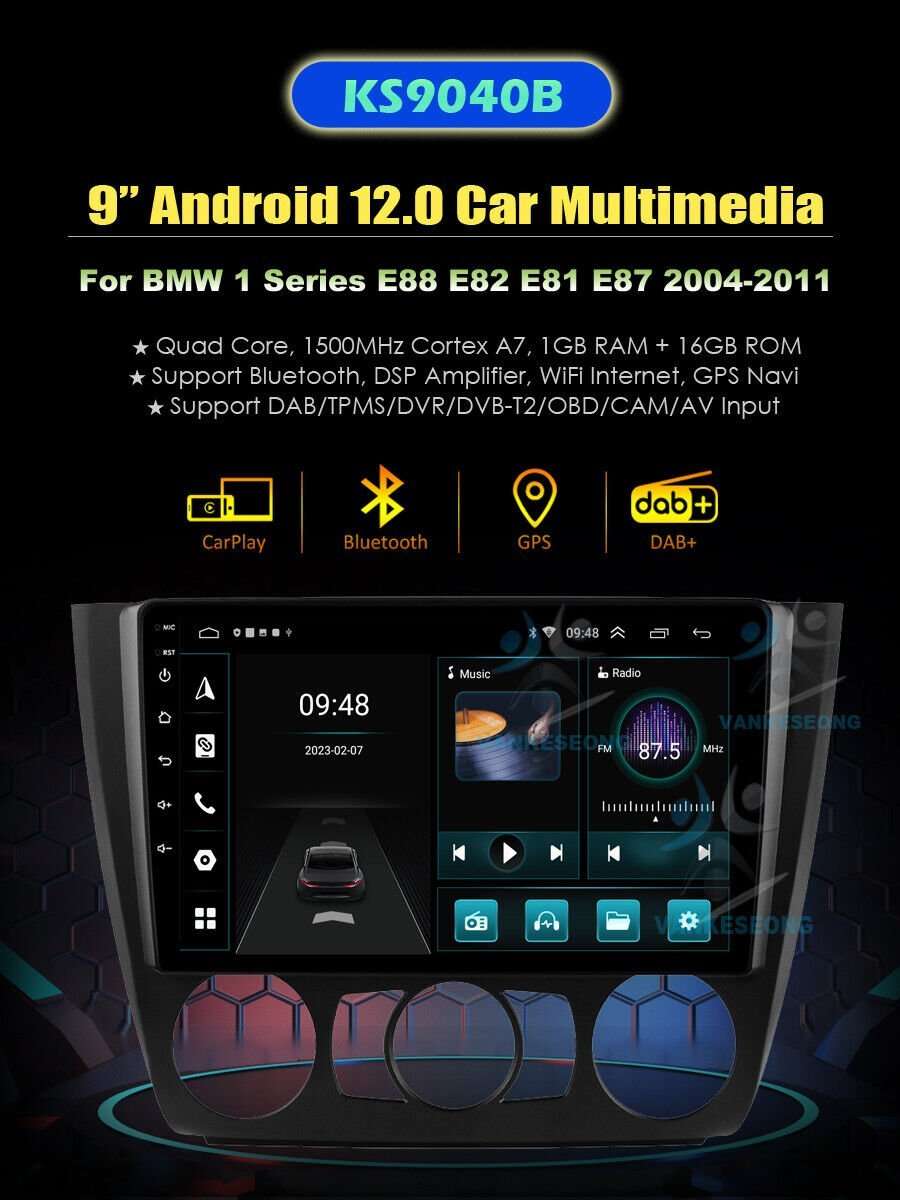 9" Android 12 Car Stereo DAB+ Radio GPS Sat Nav Bluetooth For BMW 1 E81 E82 E88
