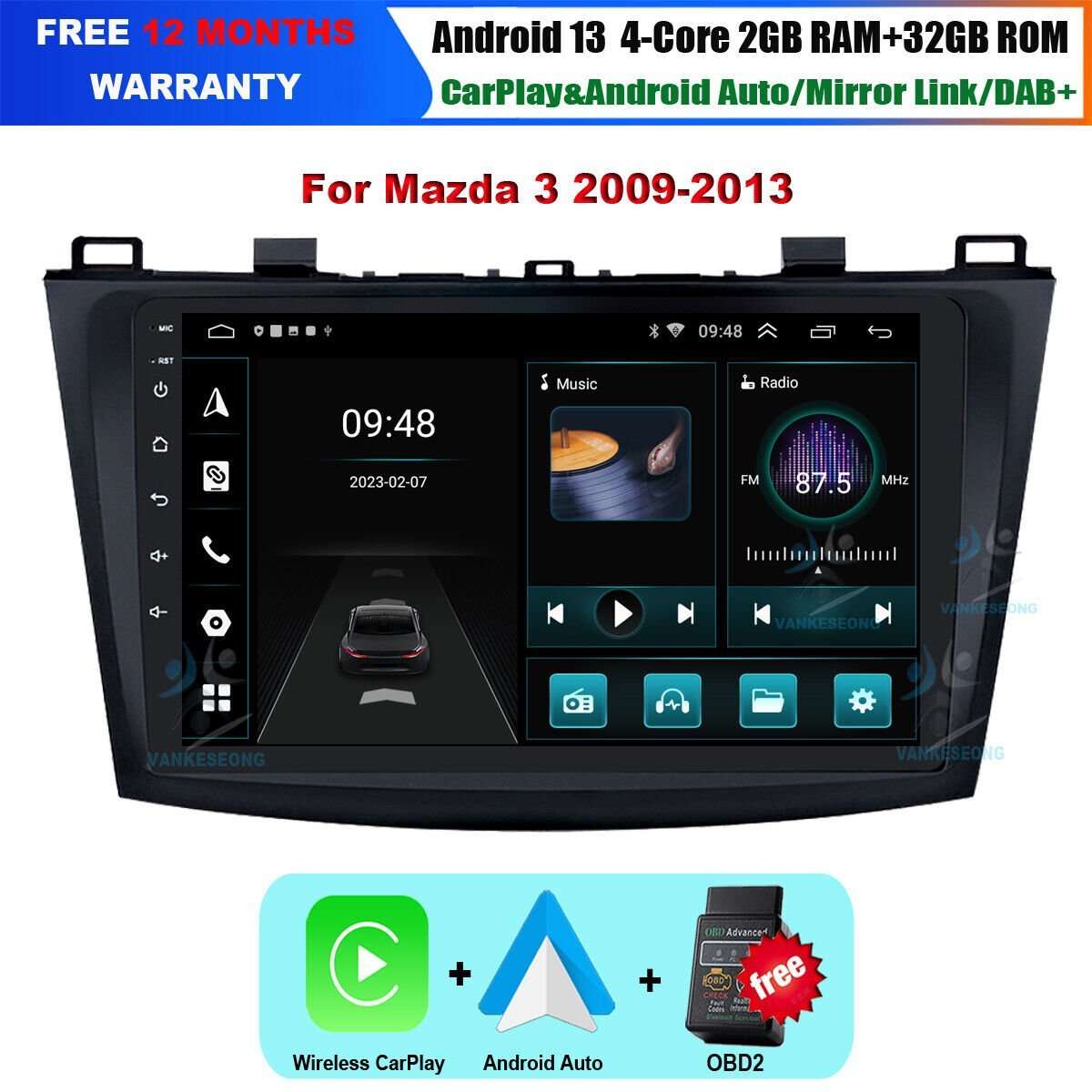 For Mazda3 BL 2009-2013 Autoradio DAB+ Android 13 GPS Navigation BT WIFI DSP+OBD