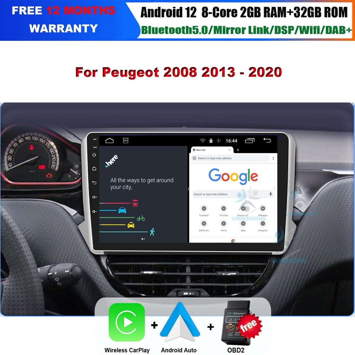 Android Auto Car Radio Stereo GPS Sat Nav for Peugeot 2008 2013-2020 Head Unit