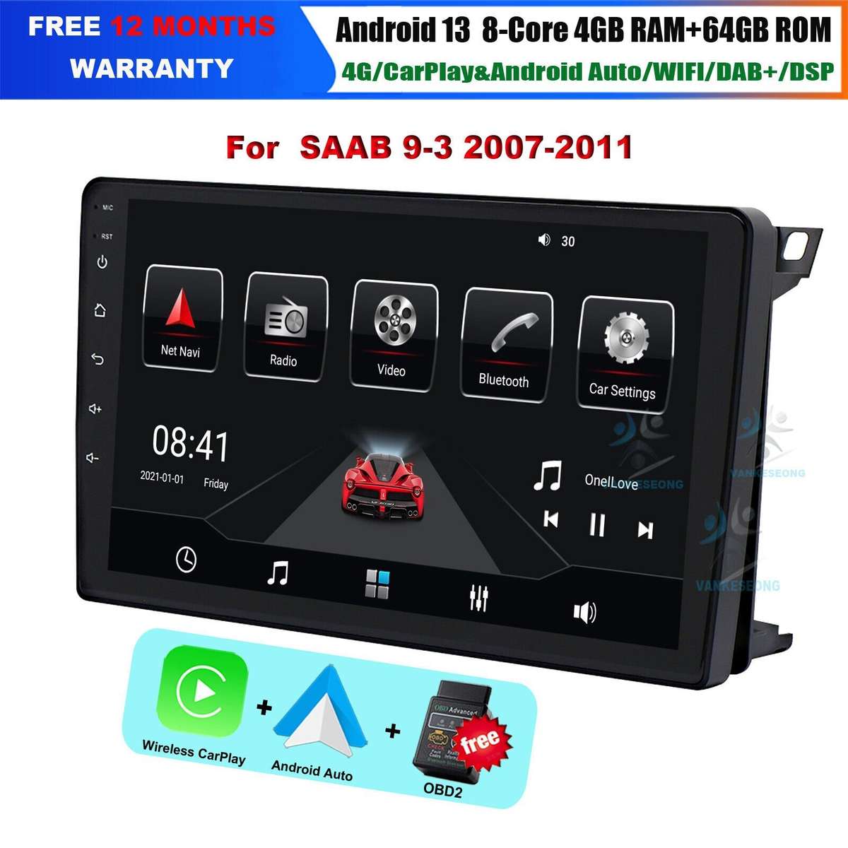 9" 8-Kern 64GB BT Android Auto CarPlay For SAAB 9-3 2007-2011 GPS DAB+ Autoradio