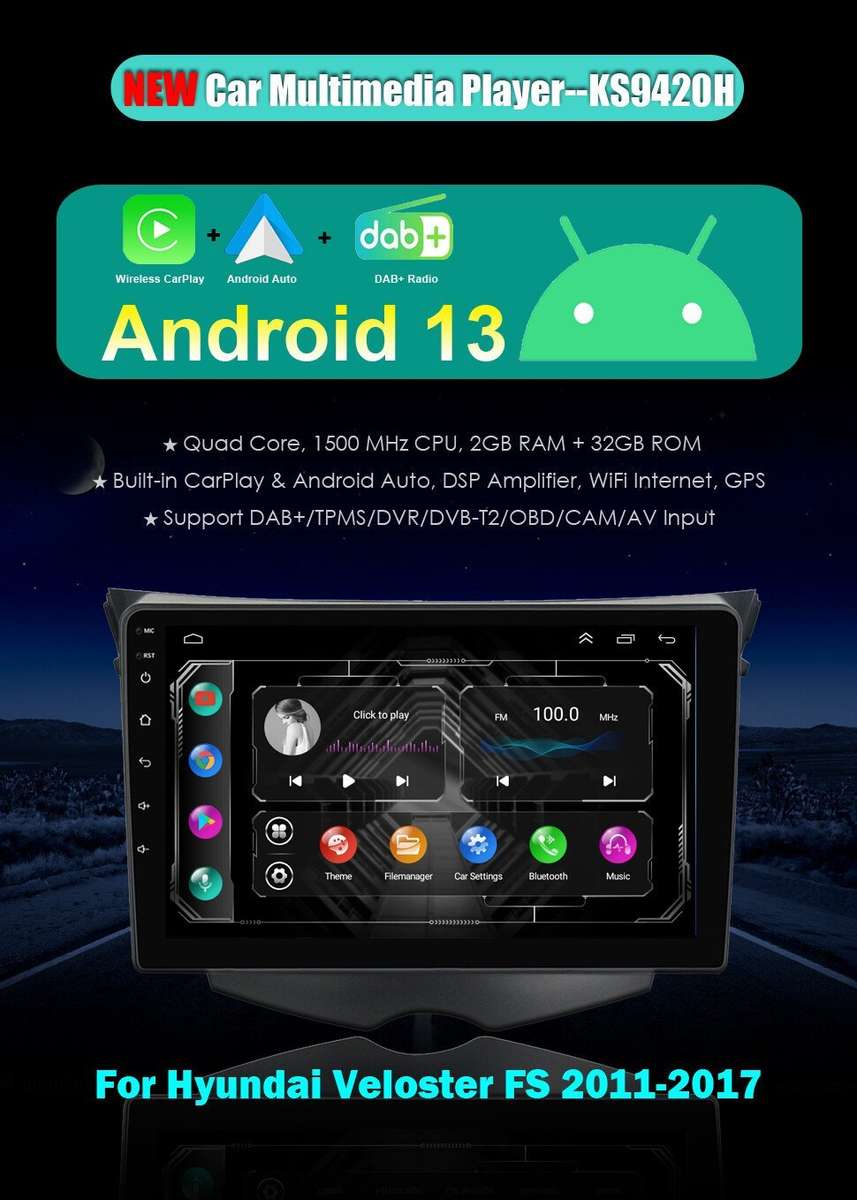 For Hyundai Veloster FS 2011-2017 DAB+ Android Auto Radio GPS Navigation CarPlay