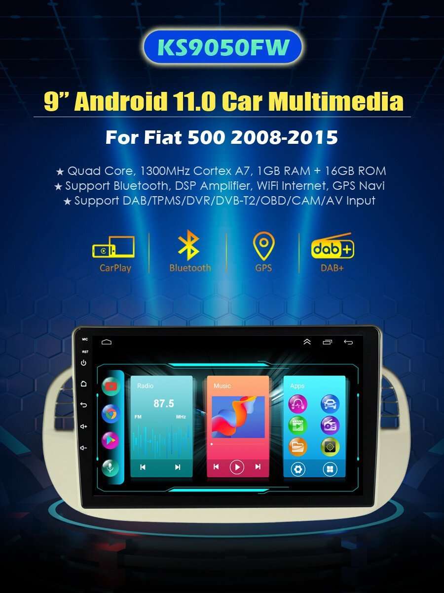 For Fiat 500 2008-2015 Autoradio GPS Navigation Touchscreen BT DAB+ Wifi Android