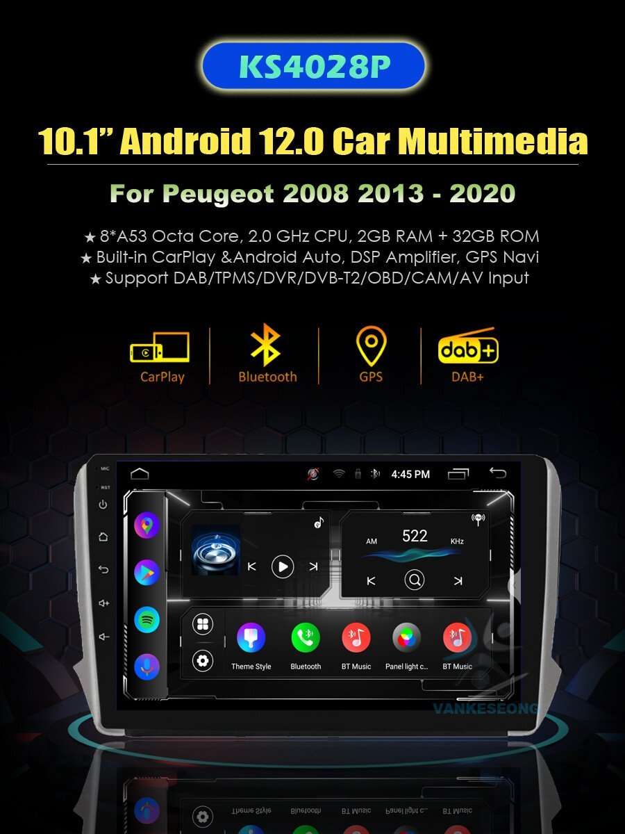 10.1" Android Autoradio GPS Navigation CarPlay DAB BT For Peugeot 2008 2013-2020