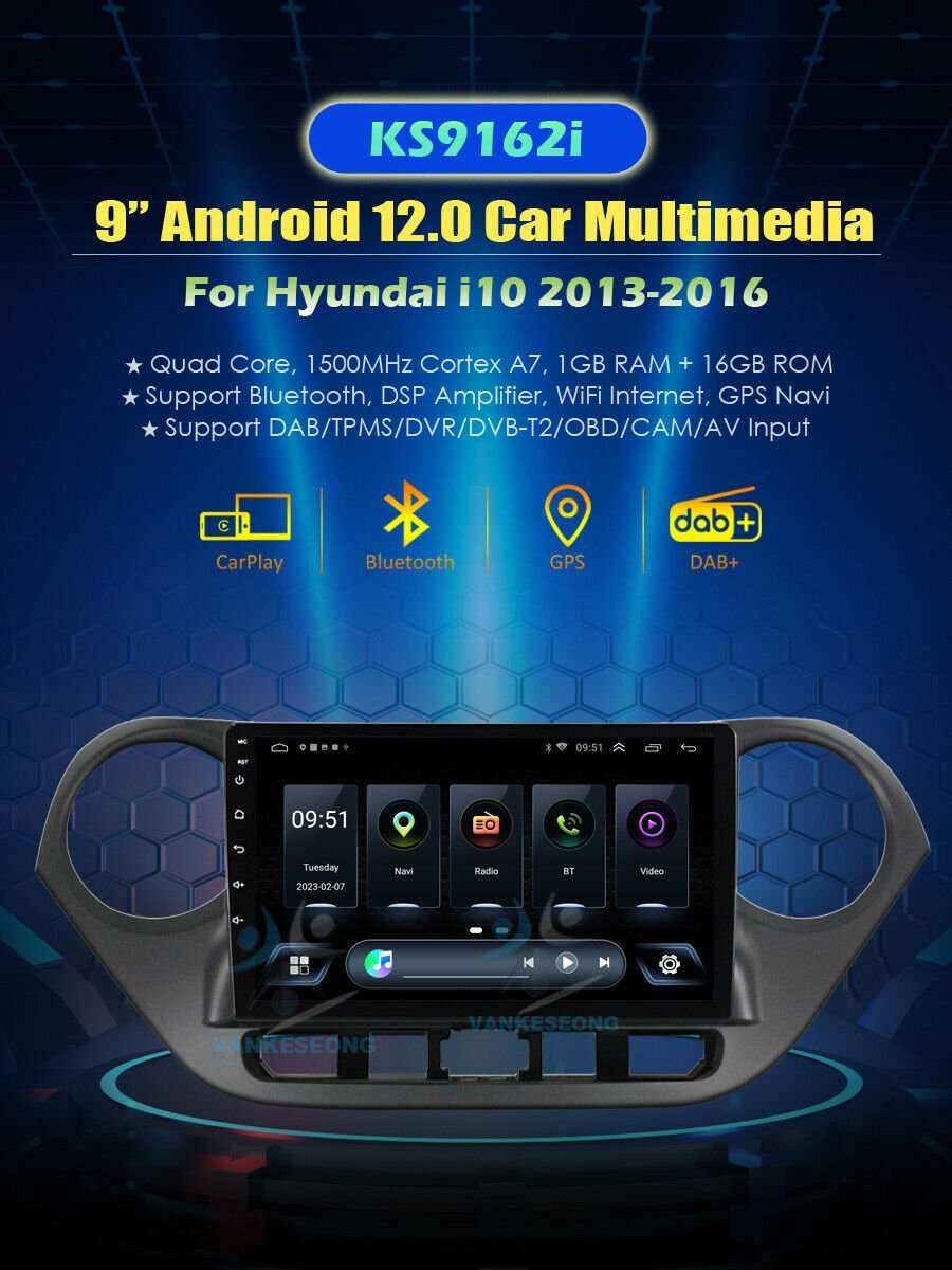9" For Hyundai i10 2013-2016 Android12 Wifi GPS Bluetooth DAB+ Autoradio Sat Nav