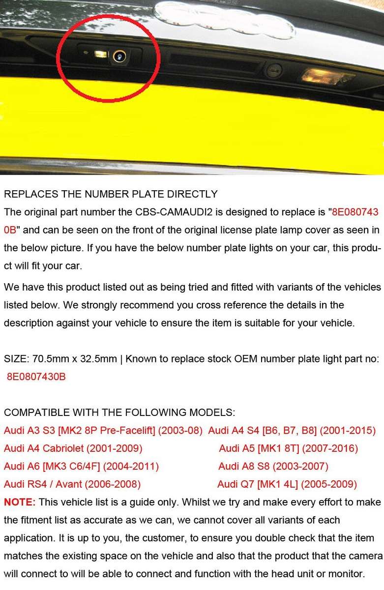 AHD CVBS Auto Rear View Camera For Audi A3 S3 A4 S4 B6 B7 B8 Number Plate Light