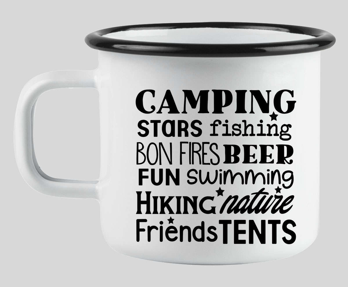 Camping words collage enamel mug