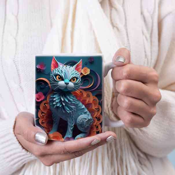 3D Cat and flowers coffee mug